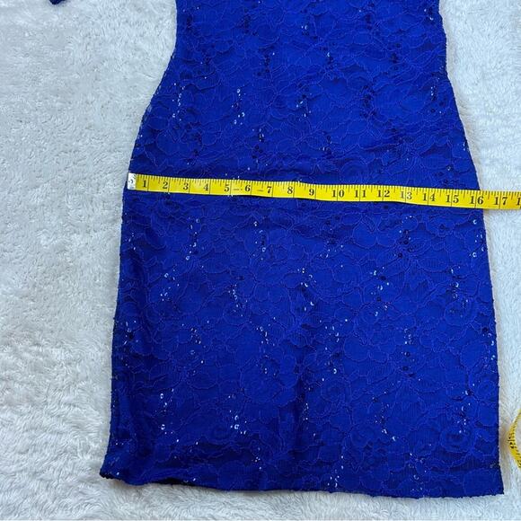 Sequin Hearts mesh back, lace and sequin blue sheath cocktail party dress, 7 - Picture 9 of 14